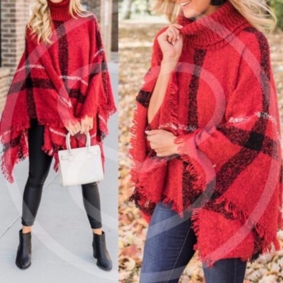 BellanBlue Sweaters - Cozy Red Turtleneck Plaid Frayed Hem Poncho